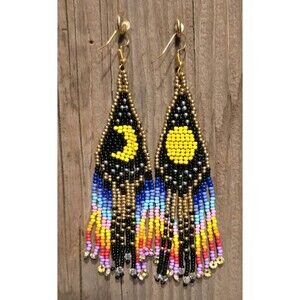 Handmade Beaded Earrings Drop / Dangle Fun Gift 5 in Moon / Sun Multi Color